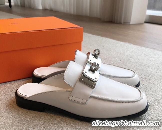 Low Price Hermes Iota Calfskin Flat Mules with Oversized Kelly Buckle White 226096