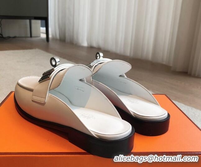 Low Price Hermes Iota Calfskin Flat Mules with Oversized Kelly Buckle White 226096