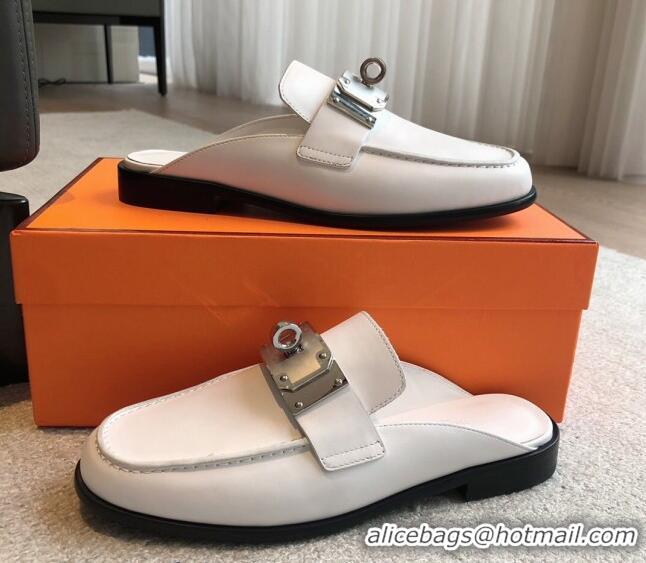 Low Price Hermes Iota Calfskin Flat Mules with Oversized Kelly Buckle White 226096