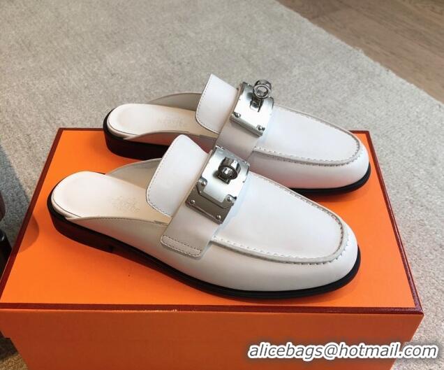 Low Price Hermes Iota Calfskin Flat Mules with Oversized Kelly Buckle White 226096