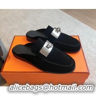 Most Popular Hermes Iota Suede Flat Mules with Oversized Kelly Buckle Black 0226097