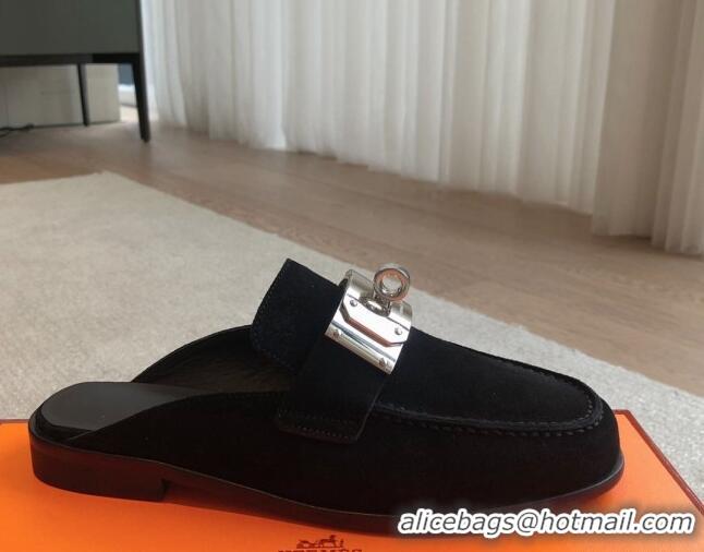 Most Popular Hermes Iota Suede Flat Mules with Oversized Kelly Buckle Black 0226097