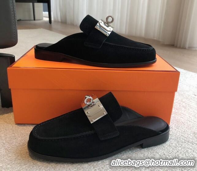 Most Popular Hermes Iota Suede Flat Mules with Oversized Kelly Buckle Black 0226097