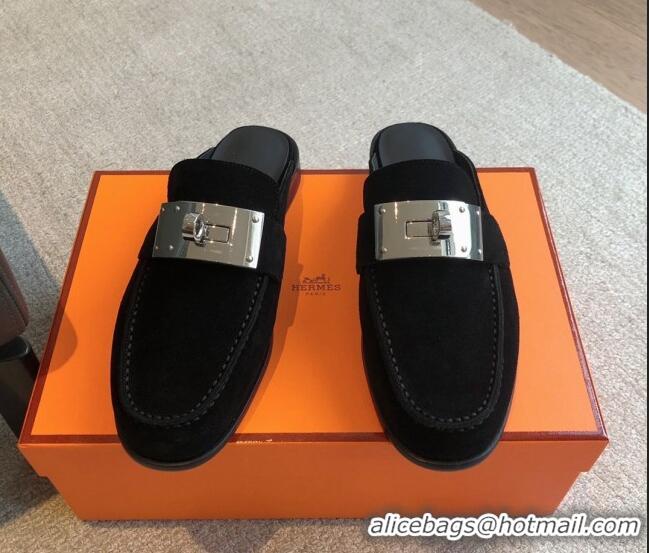 Most Popular Hermes Iota Suede Flat Mules with Oversized Kelly Buckle Black 0226097