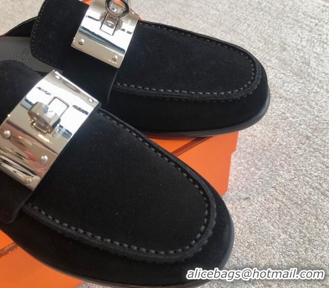 Most Popular Hermes Iota Suede Flat Mules with Oversized Kelly Buckle Black 0226097