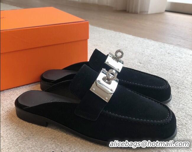 Most Popular Hermes Iota Suede Flat Mules with Oversized Kelly Buckle Black 0226097