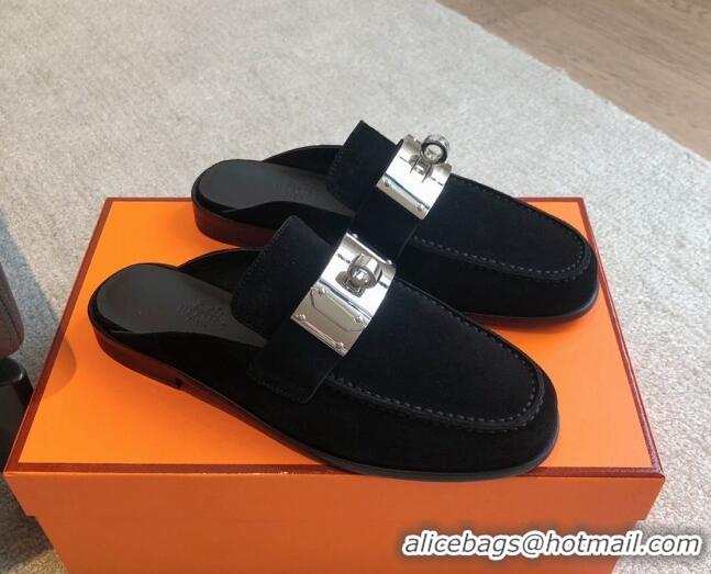 Most Popular Hermes Iota Suede Flat Mules with Oversized Kelly Buckle Black 0226097