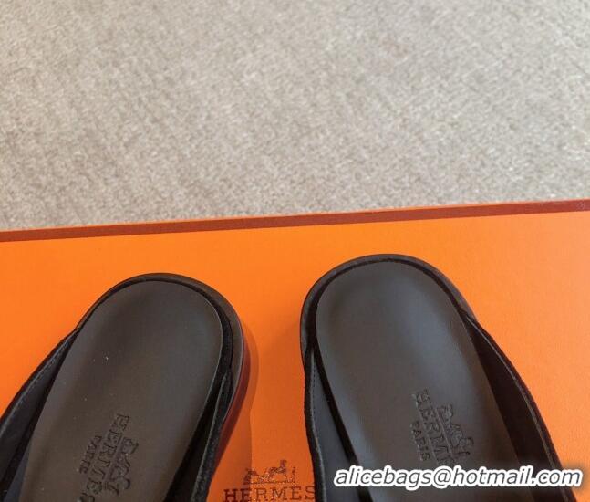 Most Popular Hermes Iota Suede Flat Mules with Oversized Kelly Buckle Black 0226097