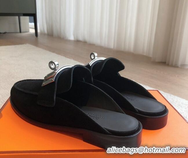 Most Popular Hermes Iota Suede Flat Mules with Oversized Kelly Buckle Black 0226097