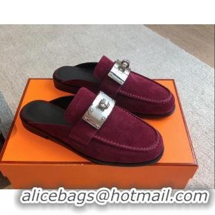 Trendy Design Hermes Iota Suede Flat Mules with Oversized Kelly Buckle Purple 0226098