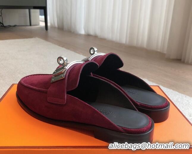 Trendy Design Hermes Iota Suede Flat Mules with Oversized Kelly Buckle Purple 0226098