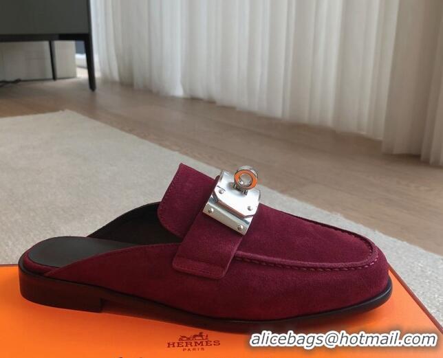 Trendy Design Hermes Iota Suede Flat Mules with Oversized Kelly Buckle Purple 0226098