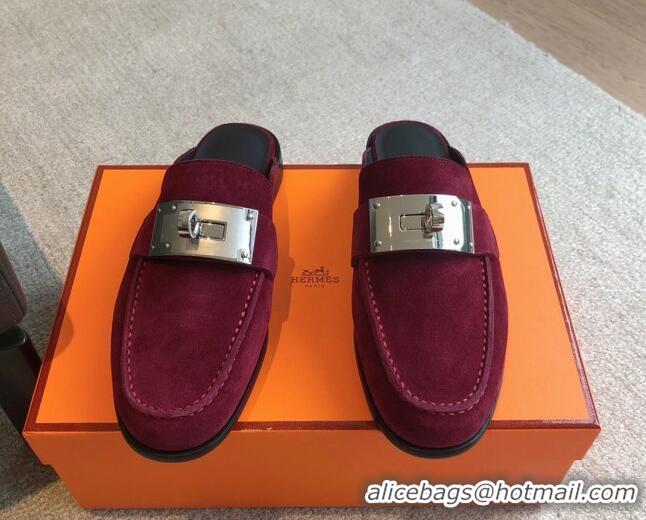 Trendy Design Hermes Iota Suede Flat Mules with Oversized Kelly Buckle Purple 0226098