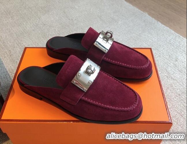 Trendy Design Hermes Iota Suede Flat Mules with Oversized Kelly Buckle Purple 0226098