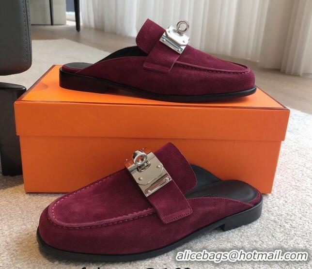 Trendy Design Hermes Iota Suede Flat Mules with Oversized Kelly Buckle Purple 0226098