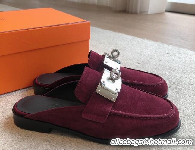 Trendy Design Hermes Iota Suede Flat Mules with Oversized Kelly Buckle Purple 0226098