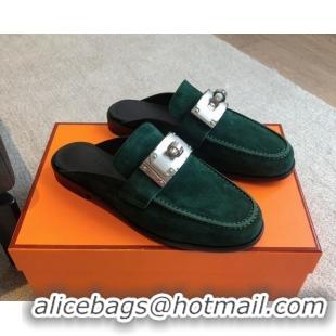 Low Cost Hermes Iota Suede Flat Mules with Oversized Kelly Buckle Green 0226099