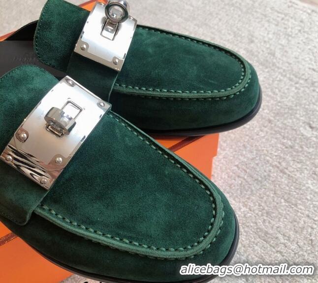 Low Cost Hermes Iota Suede Flat Mules with Oversized Kelly Buckle Green 0226099