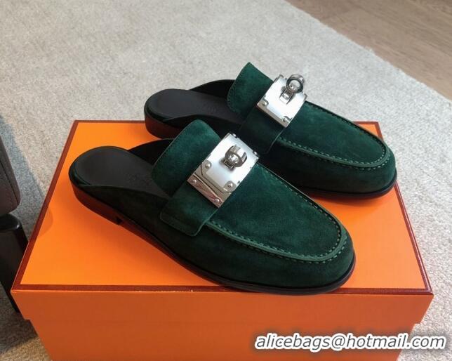 Low Cost Hermes Iota Suede Flat Mules with Oversized Kelly Buckle Green 0226099