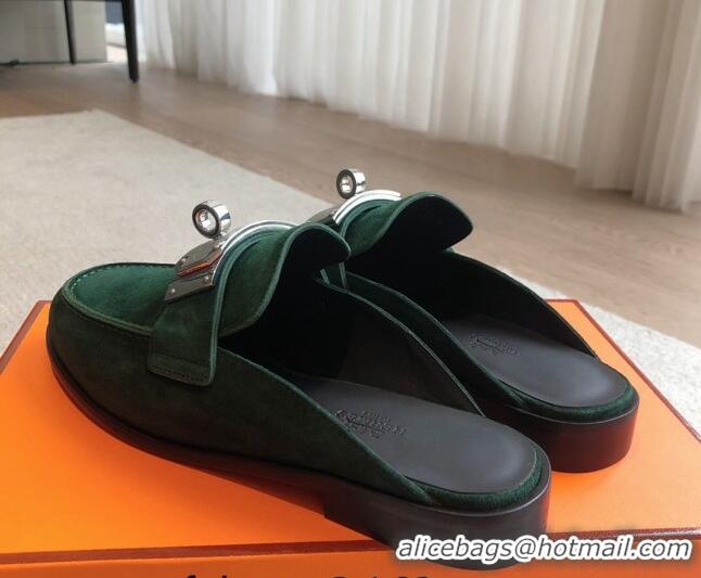 Low Cost Hermes Iota Suede Flat Mules with Oversized Kelly Buckle Green 0226099