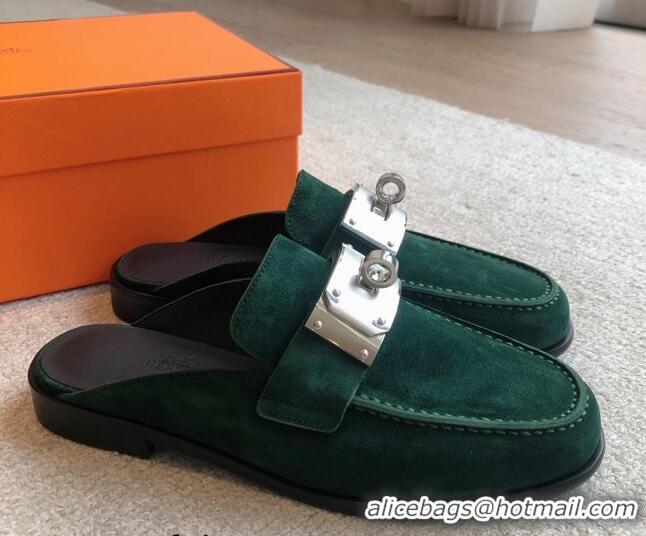 Low Cost Hermes Iota Suede Flat Mules with Oversized Kelly Buckle Green 0226099