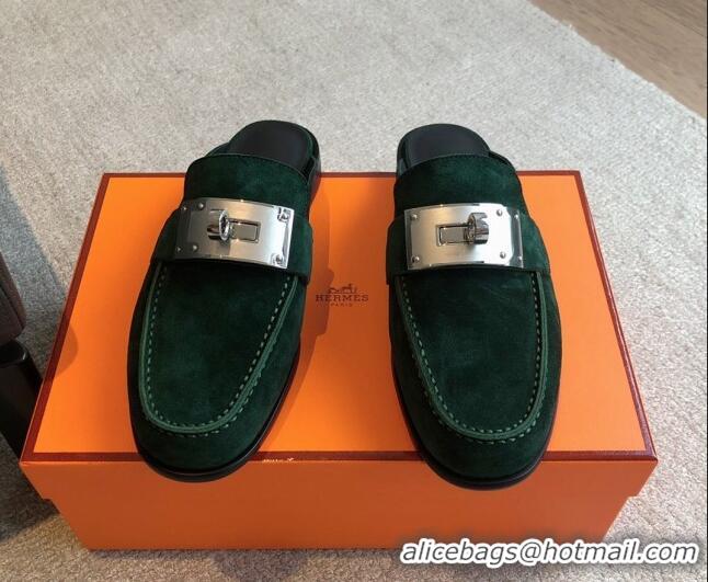 Low Cost Hermes Iota Suede Flat Mules with Oversized Kelly Buckle Green 0226099