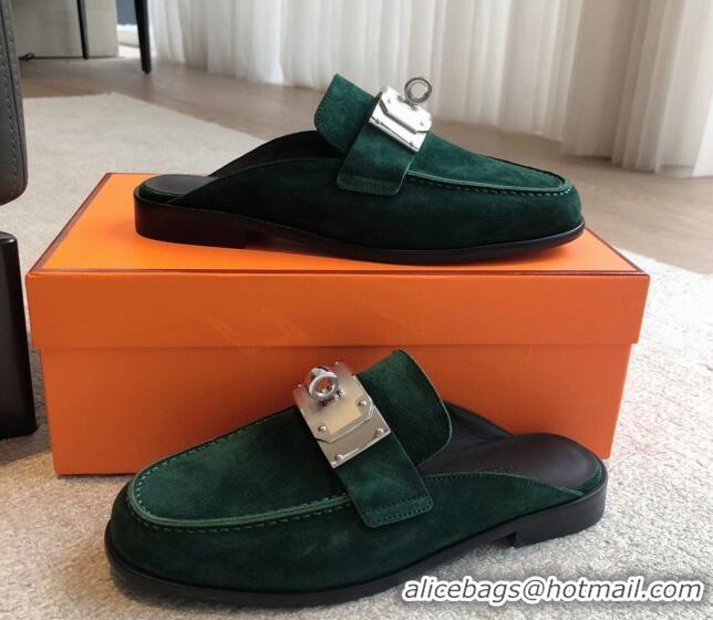 Low Cost Hermes Iota Suede Flat Mules with Oversized Kelly Buckle Green 0226099