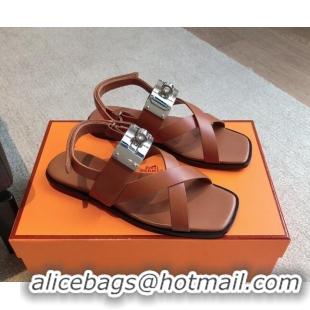 Luxurious Hermes Ines Calfskin Flat Sandals with Oversized Kelly Buckle Brown 0226100