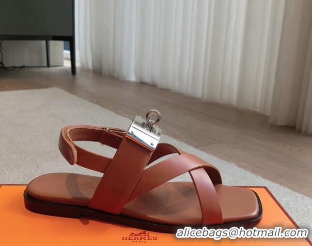 Luxurious Hermes Ines Calfskin Flat Sandals with Oversized Kelly Buckle Brown 0226100