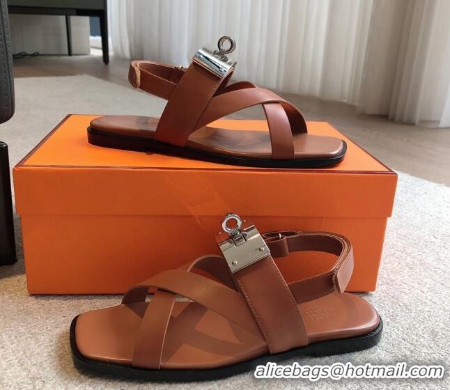 Luxurious Hermes Ines Calfskin Flat Sandals with Oversized Kelly Buckle Brown 0226100