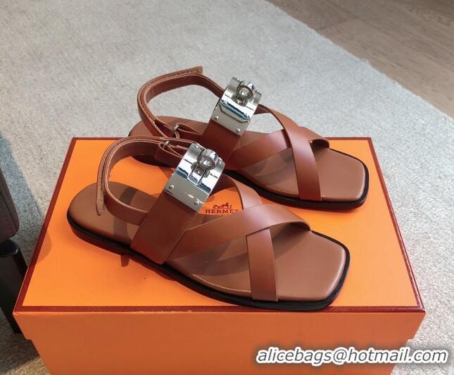 Luxurious Hermes Ines Calfskin Flat Sandals with Oversized Kelly Buckle Brown 0226100