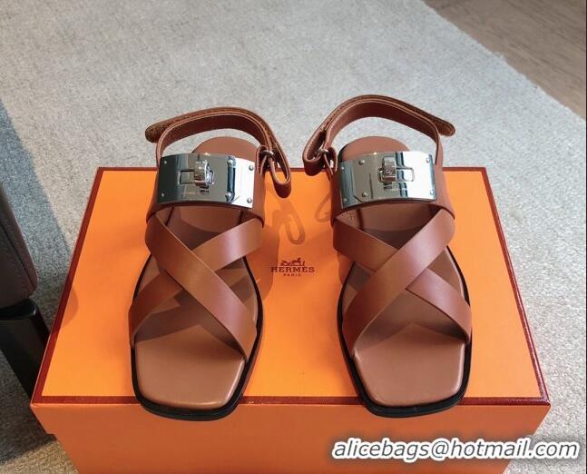 Luxurious Hermes Ines Calfskin Flat Sandals with Oversized Kelly Buckle Brown 0226100