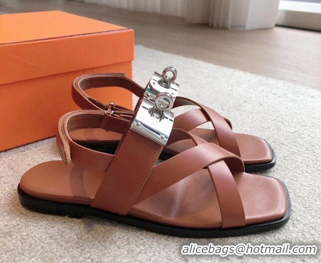 Luxurious Hermes Ines Calfskin Flat Sandals with Oversized Kelly Buckle Brown 0226100