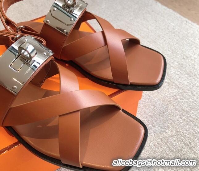 Luxurious Hermes Ines Calfskin Flat Sandals with Oversized Kelly Buckle Brown 0226100