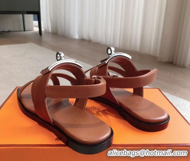 Luxurious Hermes Ines Calfskin Flat Sandals with Oversized Kelly Buckle Brown 0226100