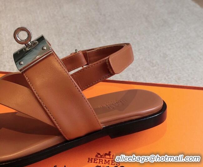 Luxurious Hermes Ines Calfskin Flat Sandals with Oversized Kelly Buckle Brown 0226100