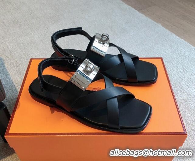 Good Quality Hermes Ines Calfskin Flat Sandals with Oversized Kelly Buckle Black 40226101