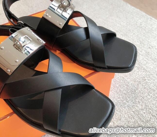 Good Quality Hermes Ines Calfskin Flat Sandals with Oversized Kelly Buckle Black 40226101