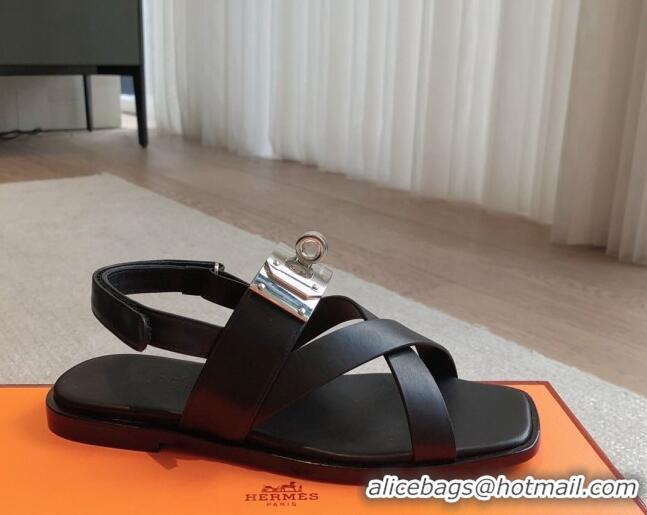 Good Quality Hermes Ines Calfskin Flat Sandals with Oversized Kelly Buckle Black 40226101