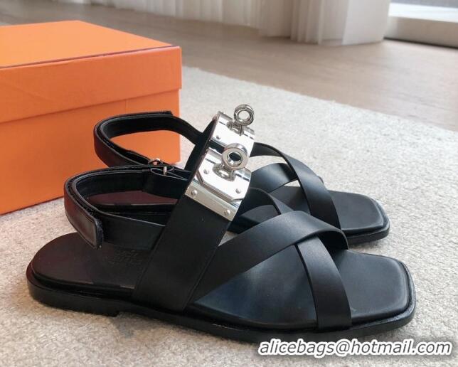 Good Quality Hermes Ines Calfskin Flat Sandals with Oversized Kelly Buckle Black 40226101