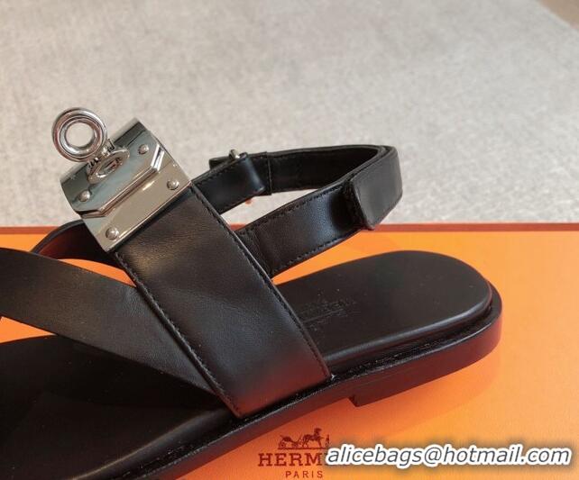 Good Quality Hermes Ines Calfskin Flat Sandals with Oversized Kelly Buckle Black 40226101