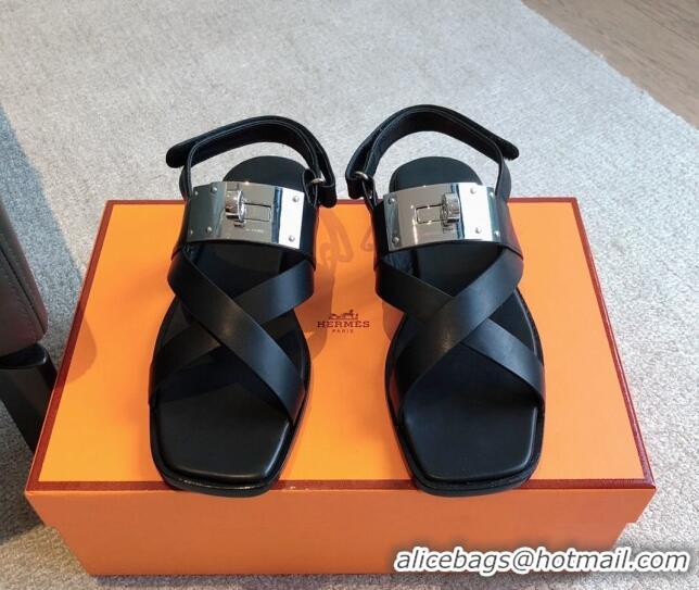 Good Quality Hermes Ines Calfskin Flat Sandals with Oversized Kelly Buckle Black 40226101