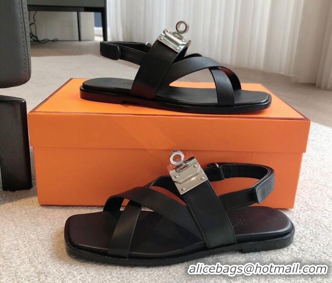 Good Quality Hermes Ines Calfskin Flat Sandals with Oversized Kelly Buckle Black 40226101