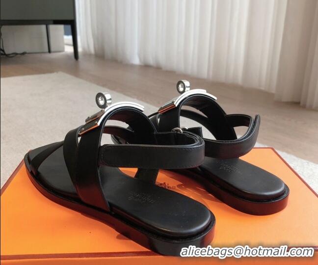 Good Quality Hermes Ines Calfskin Flat Sandals with Oversized Kelly Buckle Black 40226101