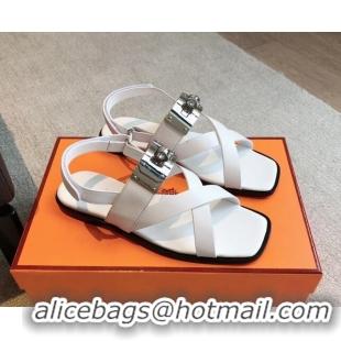 Classic Hot Hermes Ines Calfskin Flat Sandals with Oversized Kelly Buckle White 0226102