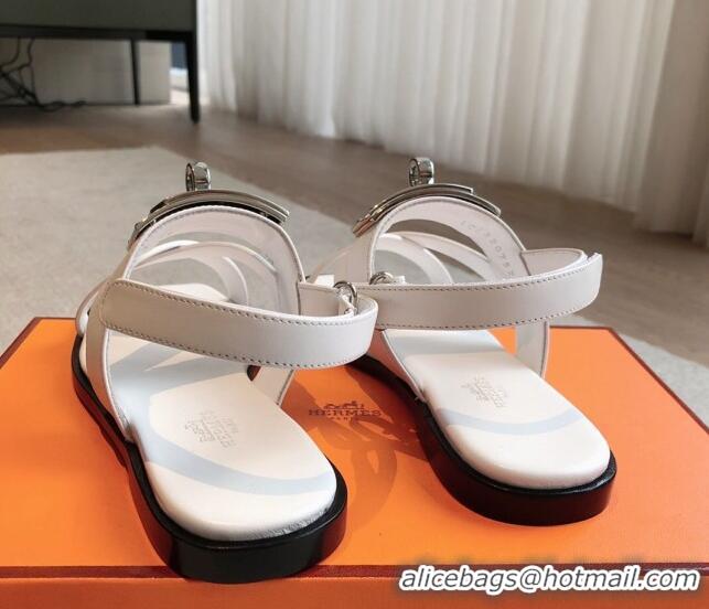 Classic Hot Hermes Ines Calfskin Flat Sandals with Oversized Kelly Buckle White 0226102