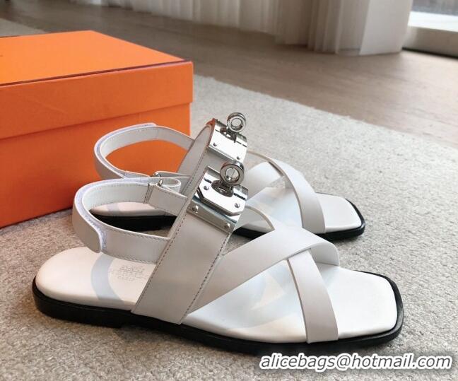 Classic Hot Hermes Ines Calfskin Flat Sandals with Oversized Kelly Buckle White 0226102