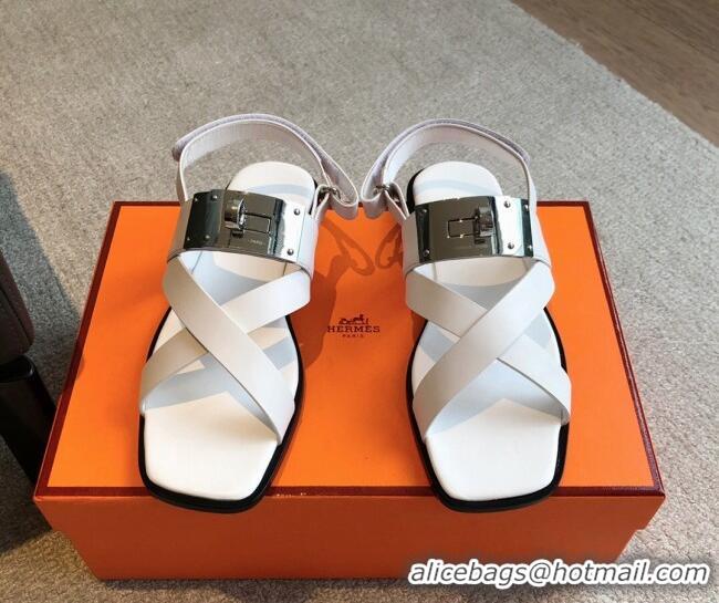 Classic Hot Hermes Ines Calfskin Flat Sandals with Oversized Kelly Buckle White 0226102