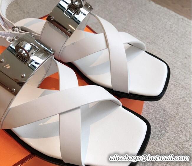 Classic Hot Hermes Ines Calfskin Flat Sandals with Oversized Kelly Buckle White 0226102