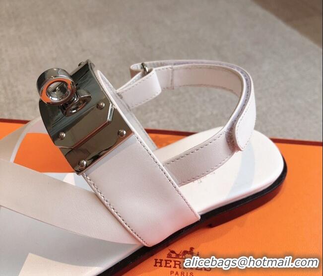 Classic Hot Hermes Ines Calfskin Flat Sandals with Oversized Kelly Buckle White 0226102